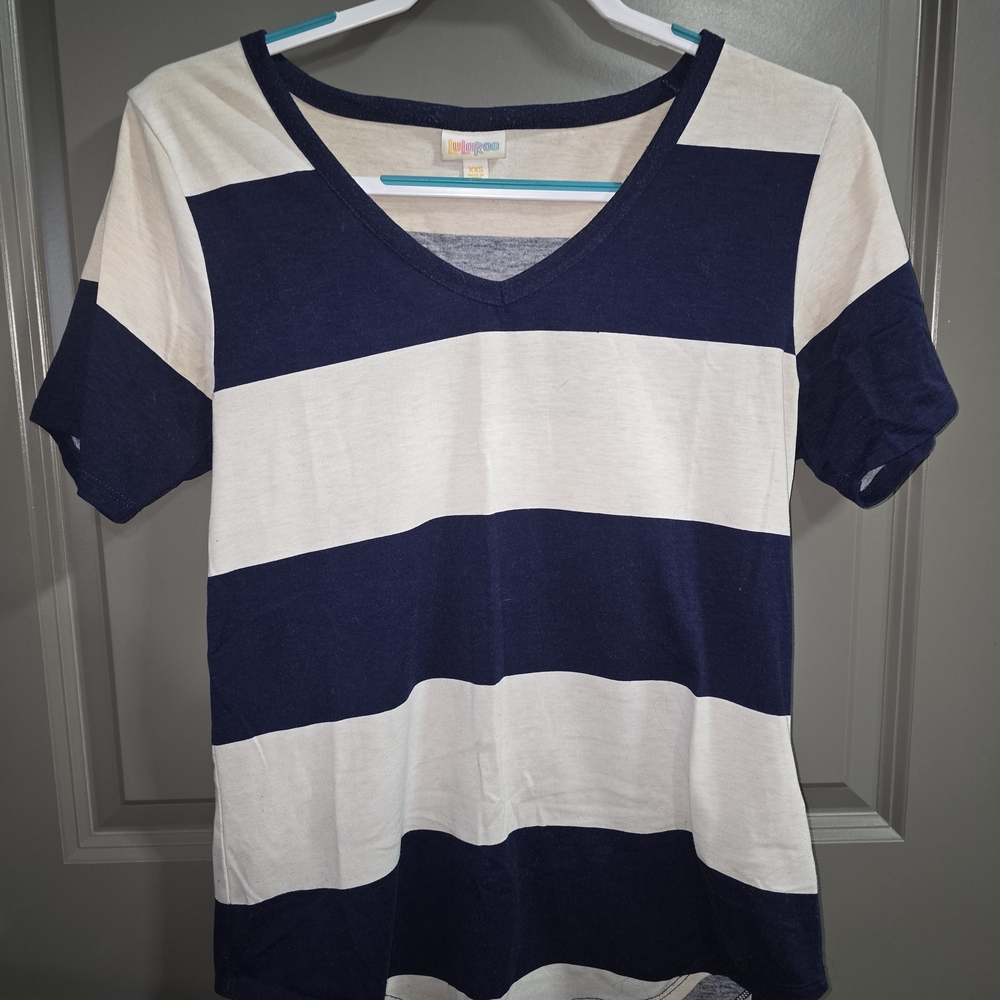 LuLaRoe Navy and Cream Striped V-Neck Tee